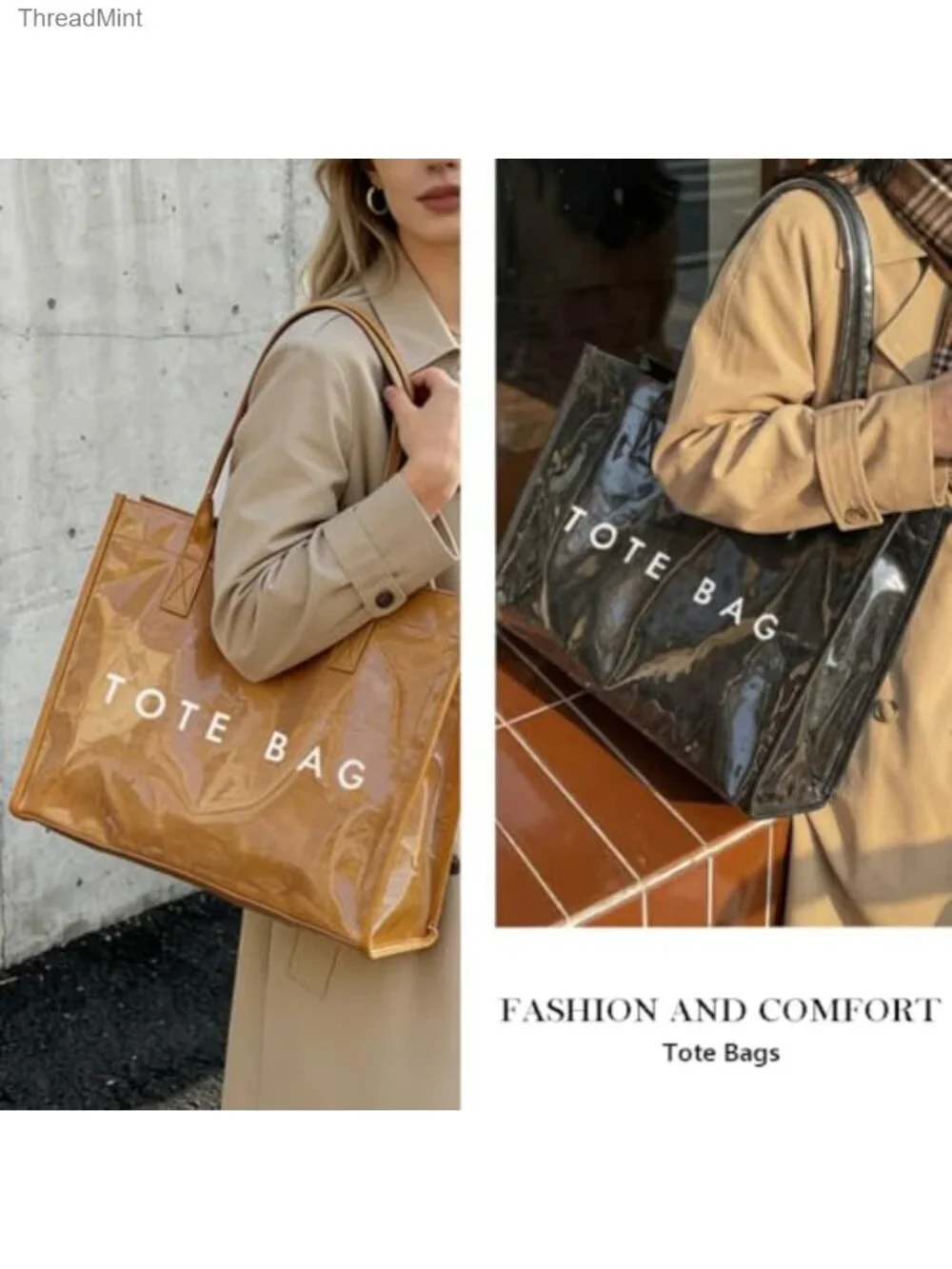 PVC Tote Bag for Women Large Work Plastic Tote Purse Letter Print Shoulder Bag